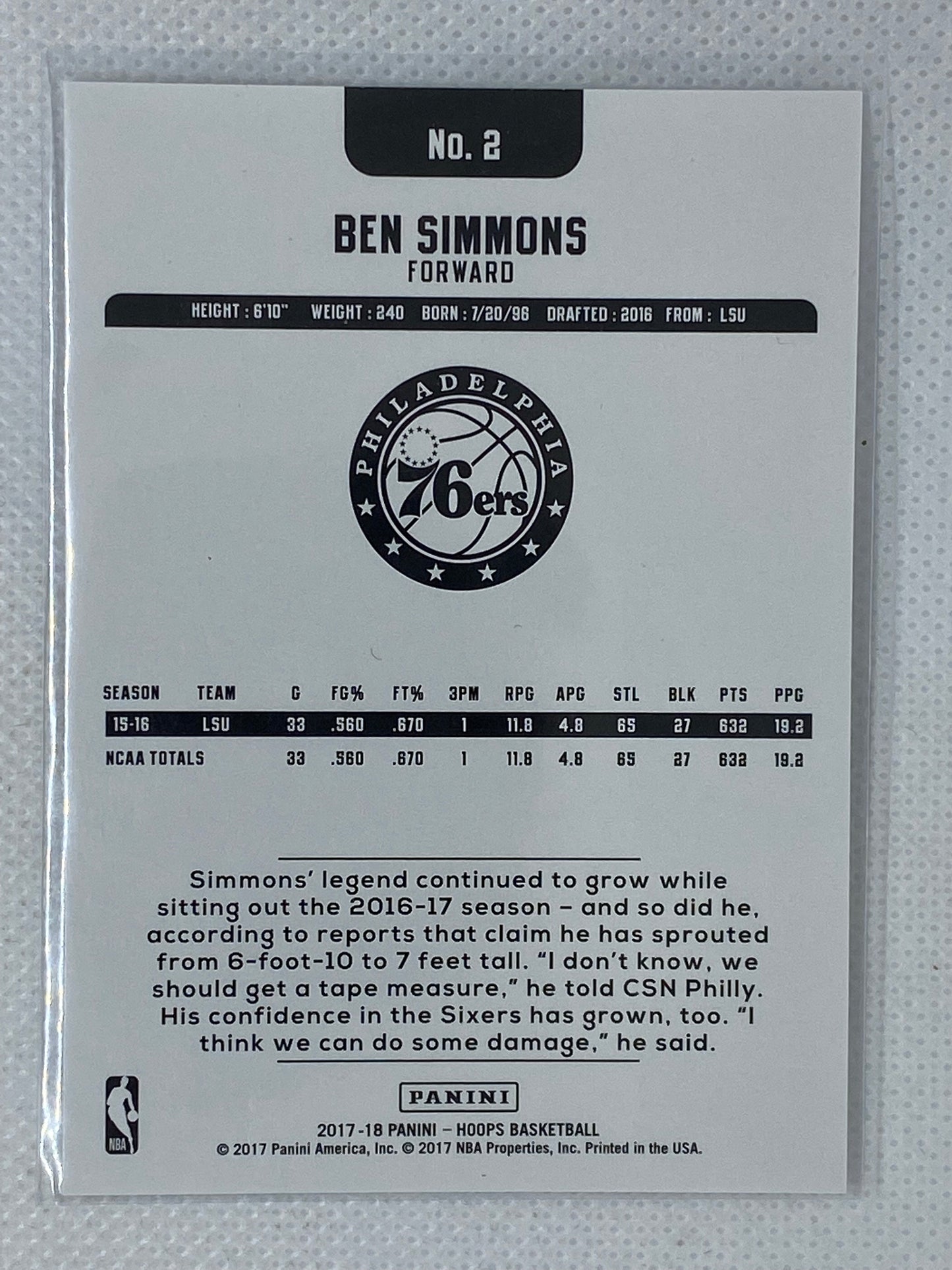 2017-18 Panini NBA Hoops Ben Simmons #2 Philadelphia 76ers NBA Card 🔥