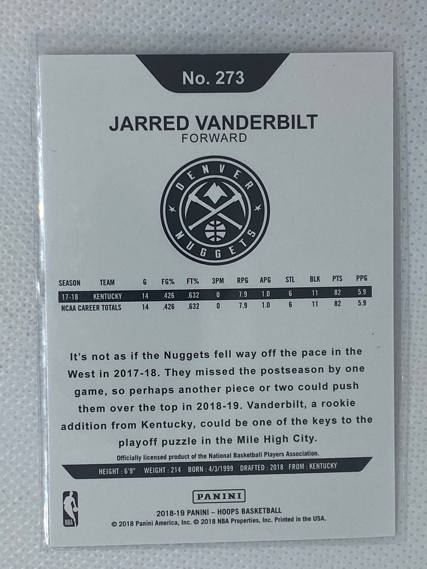 2018-19 Panini NBA Hoops Winter Jarred Vanderbilt #273 Rookie RC