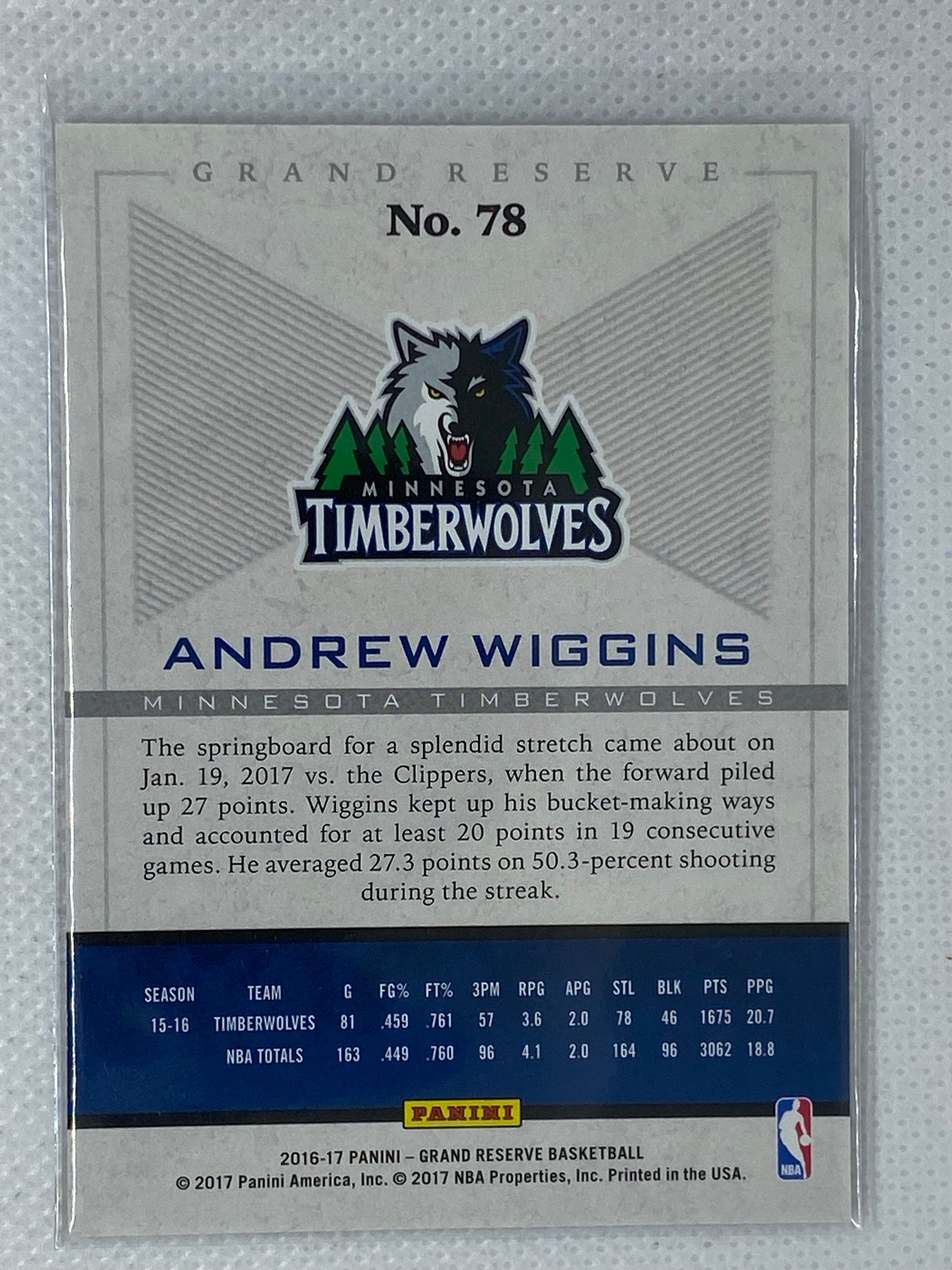 2016-17 Panini Grand Reserve #78 Andrew Wiggins BASE TIMBERWOLVES