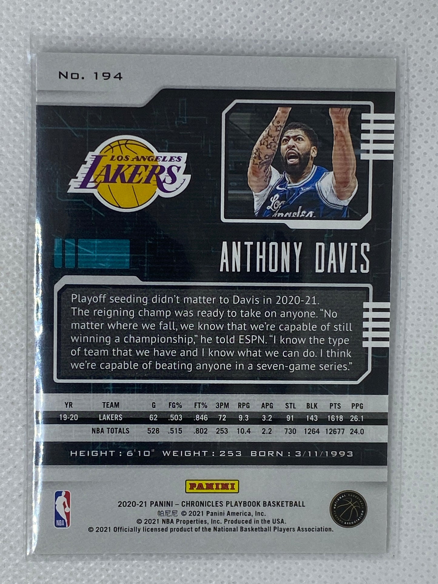 2020-21 Panini Chronicles Anthony Davis Playbook Insert #194