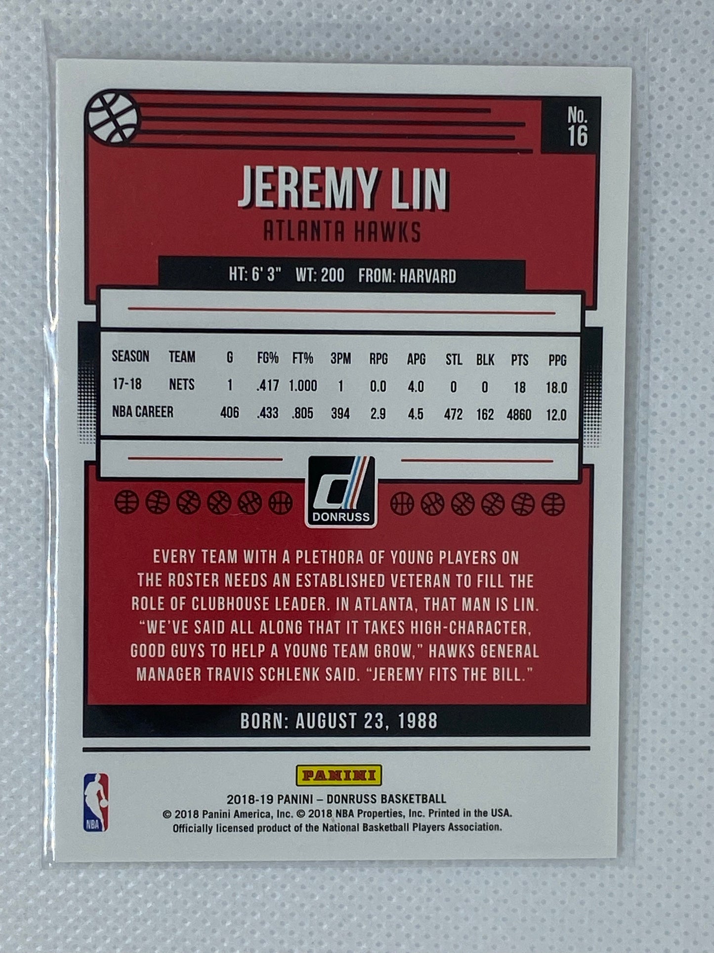 2018-19 Panini Donruss Base #16 Jeremy Lin