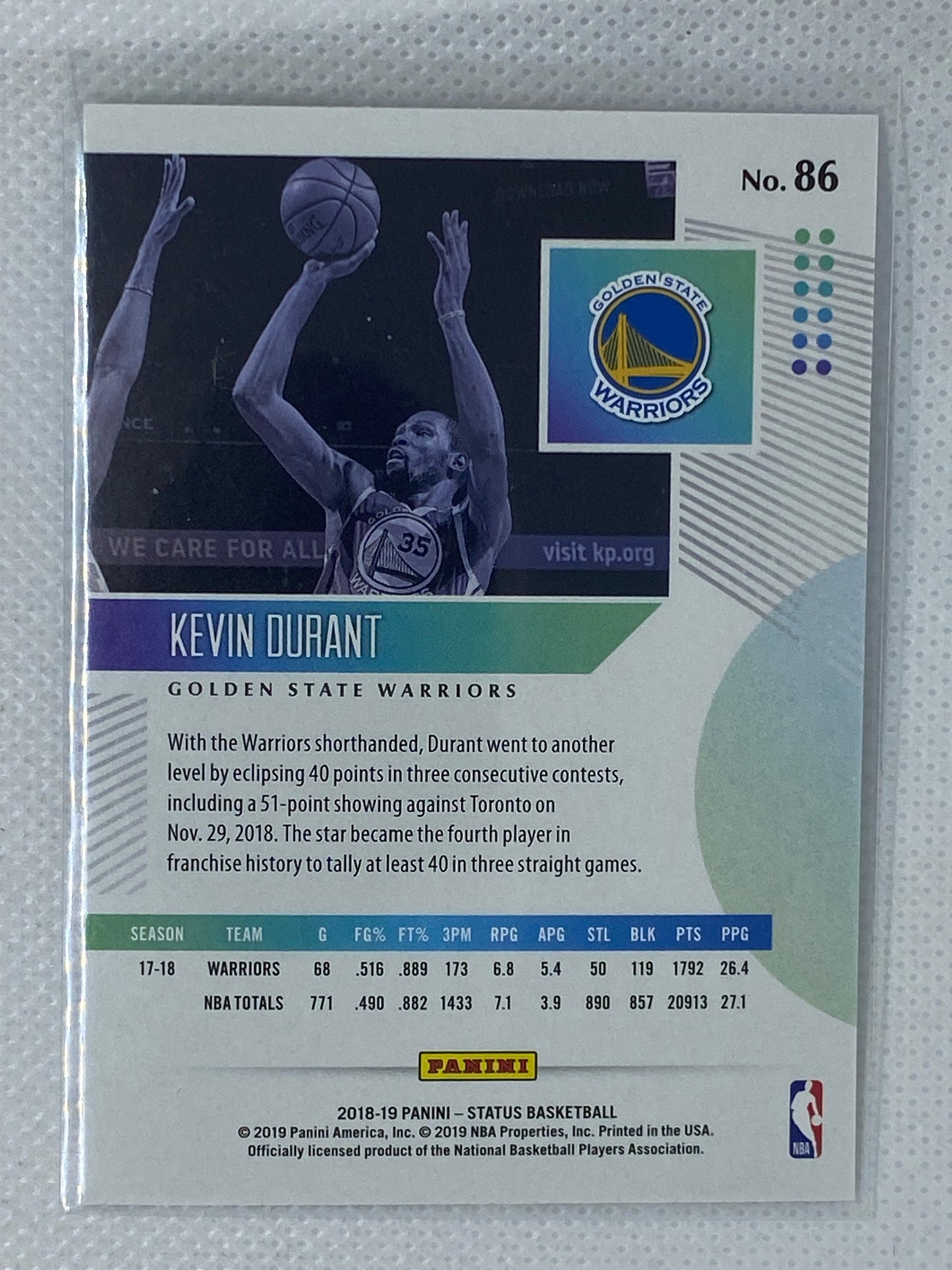 2018-19 Panini Status Kevin Durant #86 Golden State Warriors