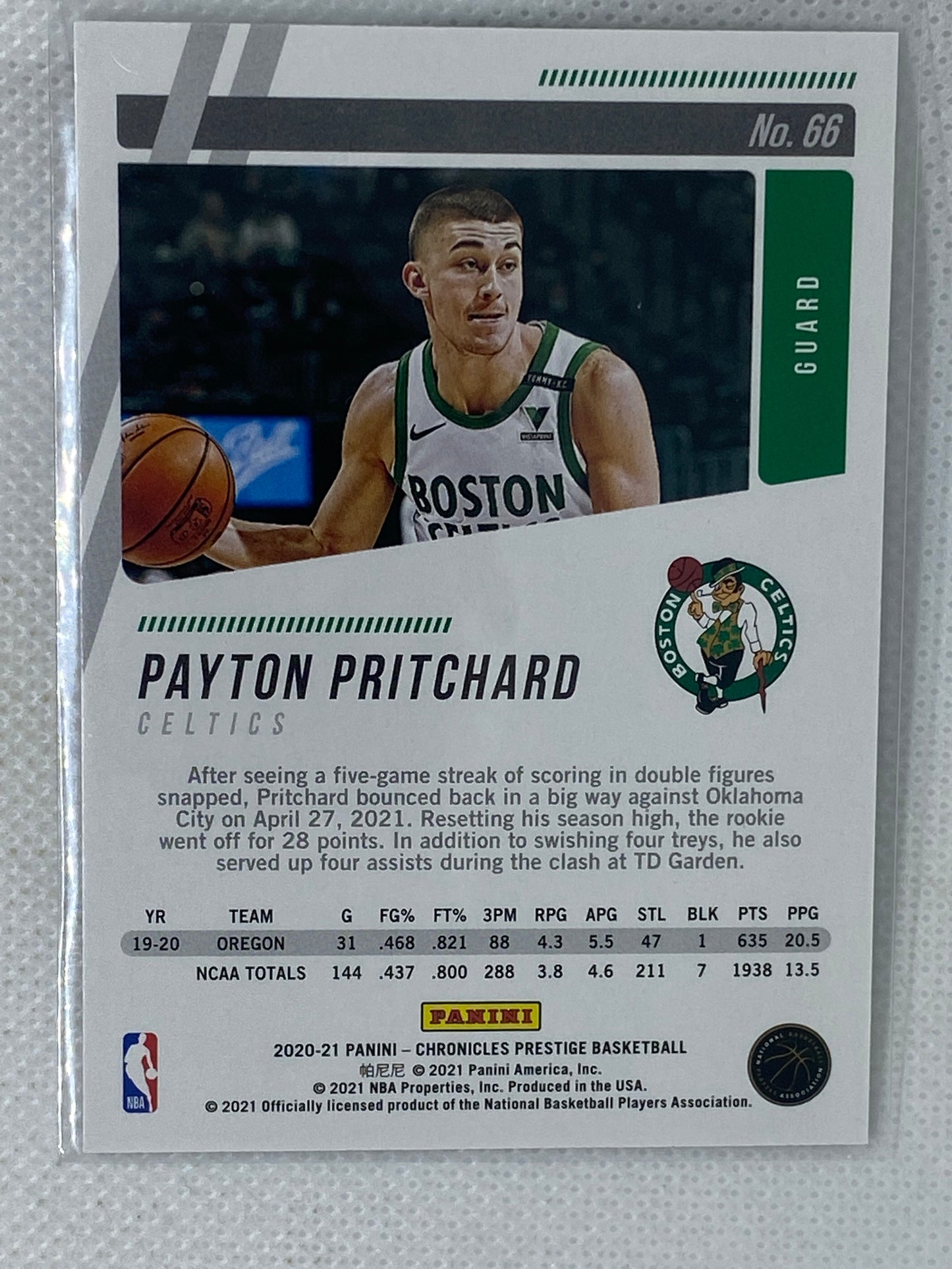 2020-21 Panini Chronicles Prestige Payton Pritchard #66 RC Rookie Boston Celtics