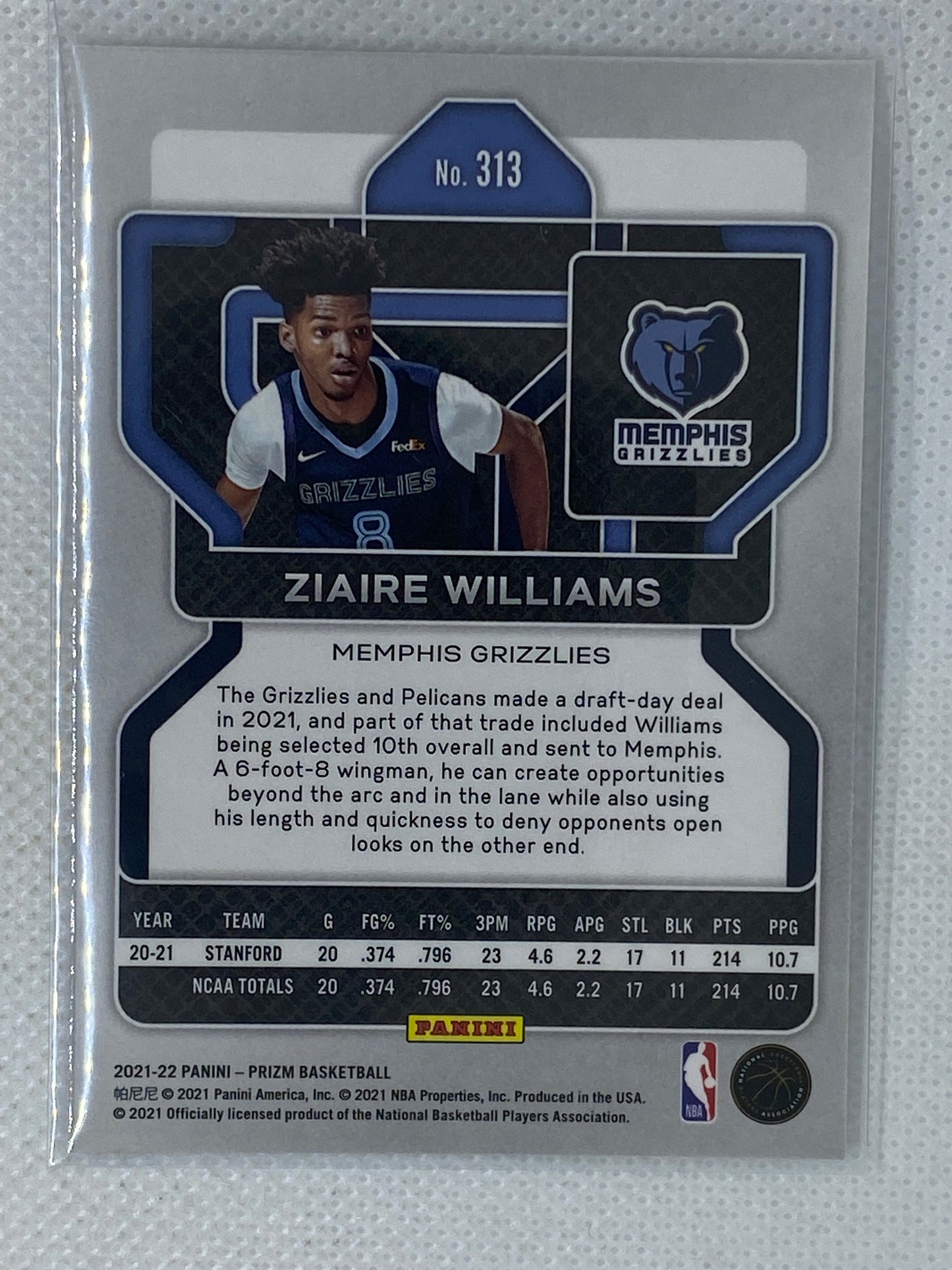 2021-22 Panini Prizm #313 Ziaire Williams Prizm Base Rookie RC Grizzlies