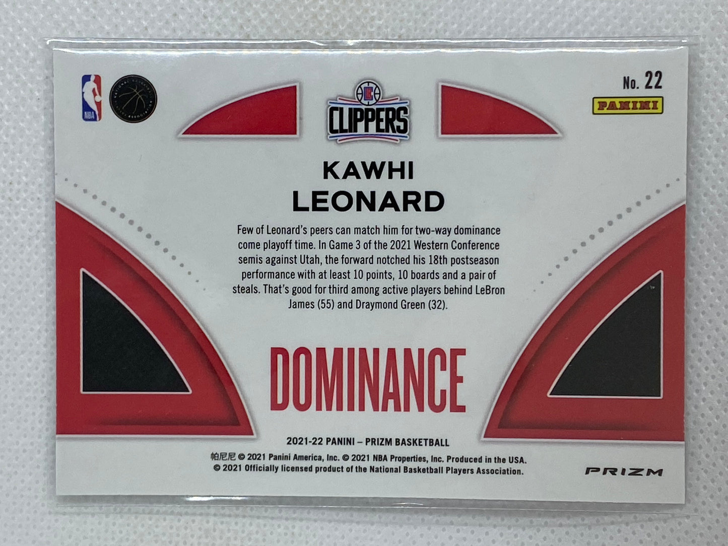 2021-22 Panini Prizm Basketball #22 Kawhi Leonard Silver Dominance Insert