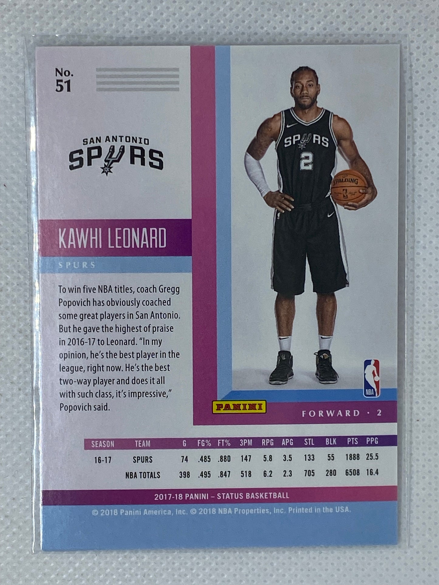 2017-18 Panini Status Basketball Kawhi Leonard Base Card #51